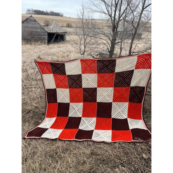 Vintage 1970s Crochet Patchwork Afghan Throw Boho Retro - Picture 11 of 12